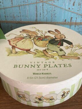 Vintage Style Bunny Rabbit 8.5” Salad Plates Set Of 4 World Market Boxed Easter